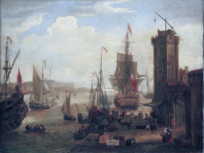 English and dutch ships taking on stores at a port, Jacob Knyff